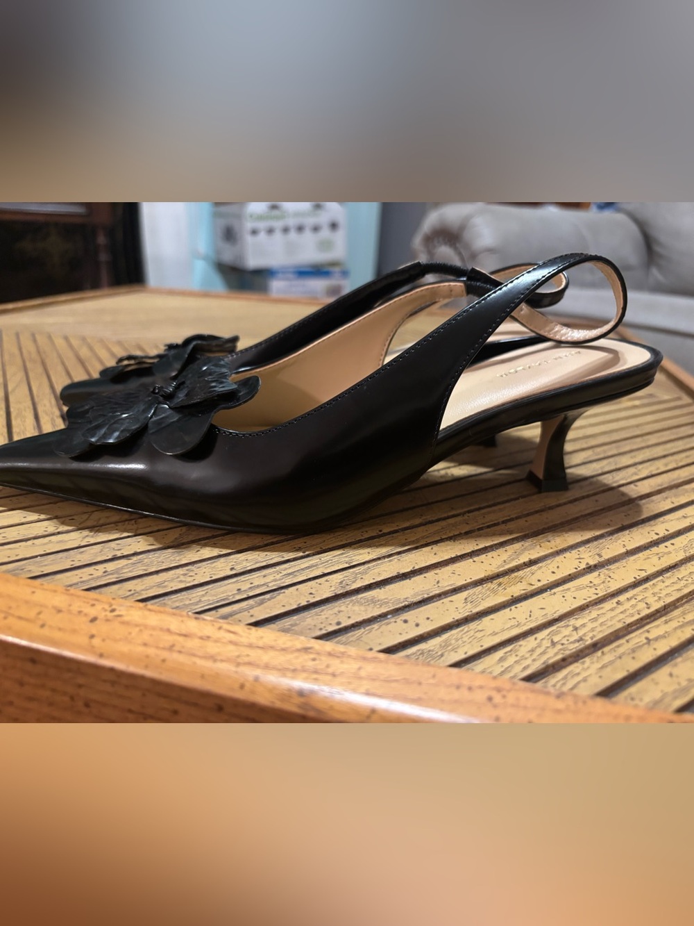 Ann Taylor Black Slingback Kitten Heel Pumps with Flower Accent